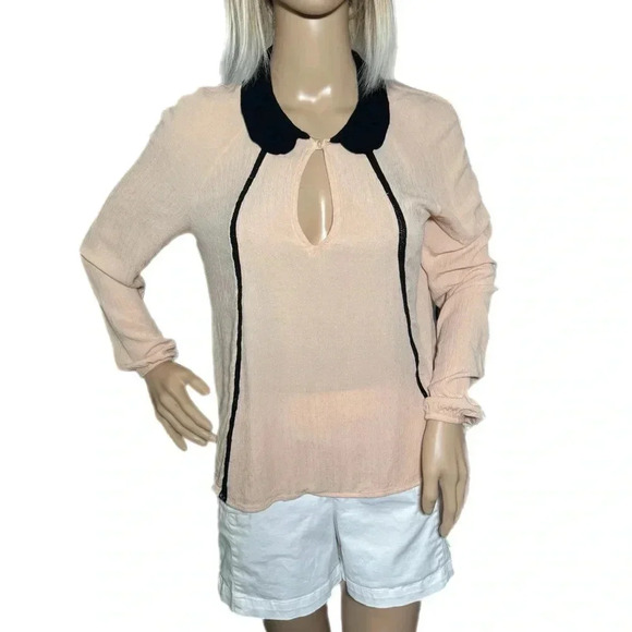 ZARA Pale Pink Peasant Blouse Black Collar Key Hole Detail Long Sleeve Medium - Picture 2 of 10